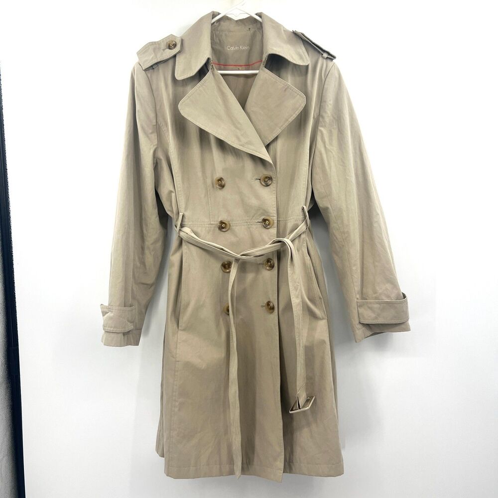 Calvin Klein Womens XL Trench Coat Khaki Beige Double Breasted Belted Classic